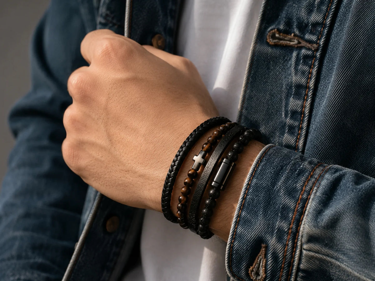 Black And Brown Mixed Color Leather Braided Men's Bracelet