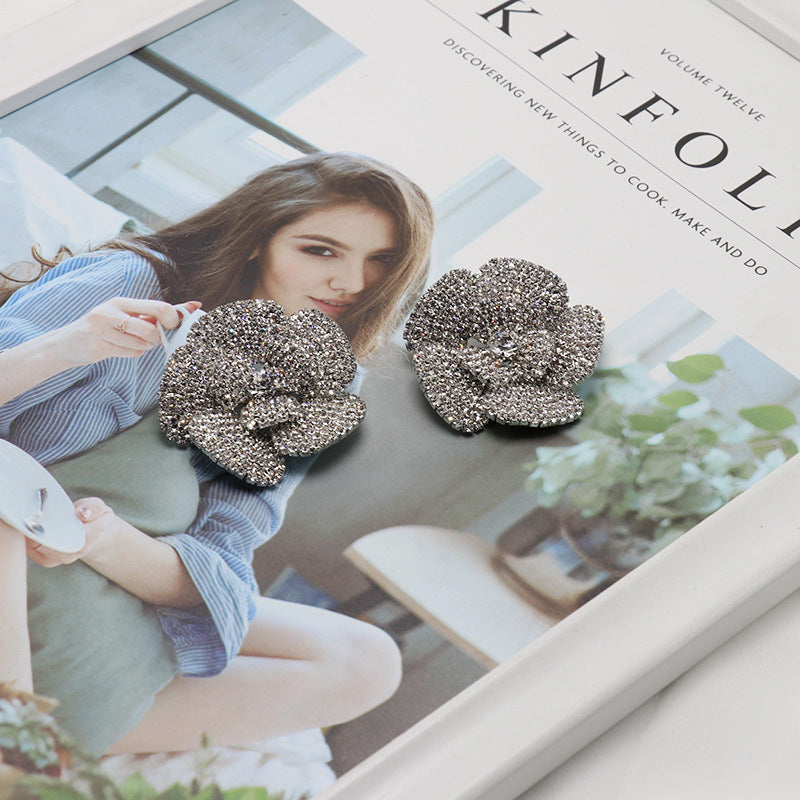 Silver Diamond Flower Earrings Alloy Diamond Flower Earrings
