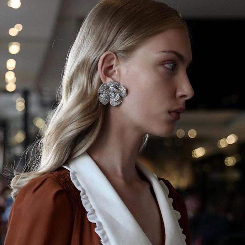 Silver Diamond Flower Earrings Alloy Diamond Flower Earrings