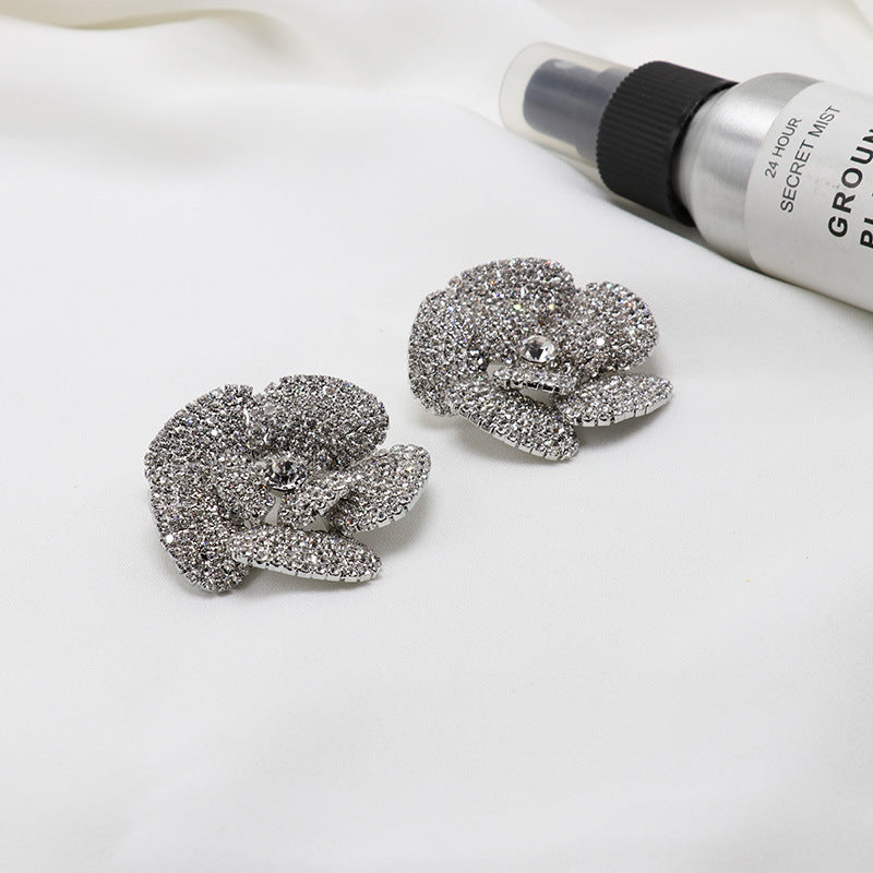 Silver Diamond Flower Earrings Alloy Diamond Flower Earrings