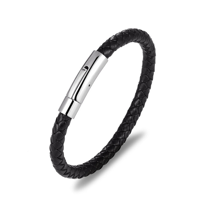Black - 23cm Stainless Steel Leather Woven Men's Bracelet