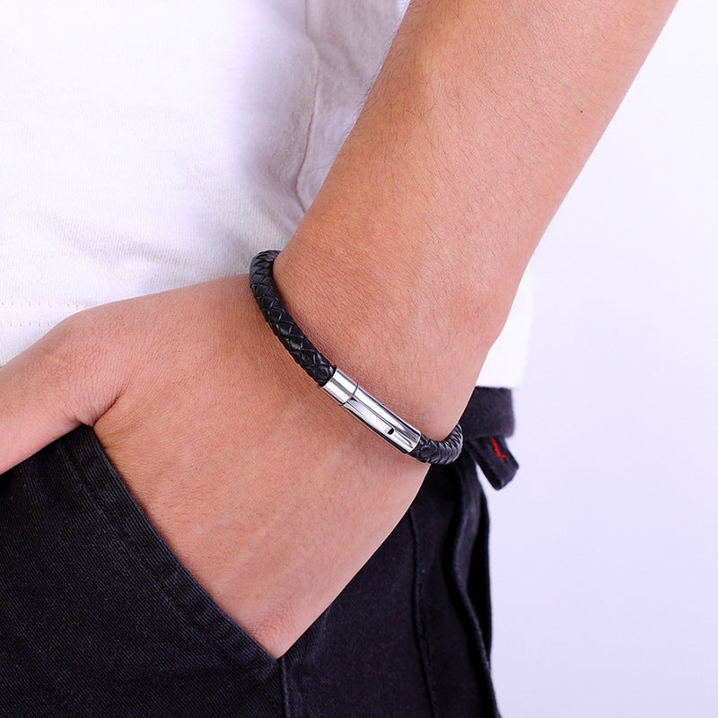 Black - 21cm Stainless Steel Leather Woven Men's Bracelet