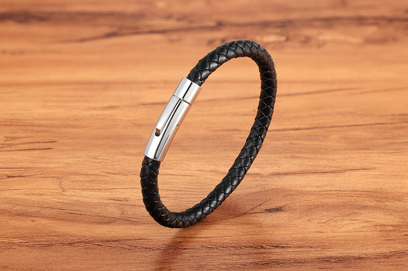 Black - 21cm Stainless Steel Leather Woven Men's Bracelet