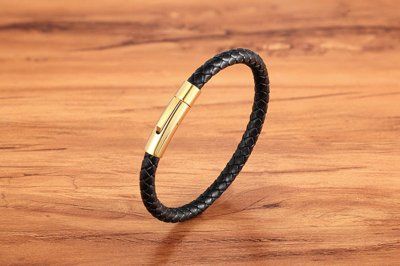 Black - 21cm Stainless Steel Leather Woven Men's Bracelet