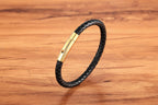 Black - 23cm Stainless Steel Leather Woven Men's Bracelet