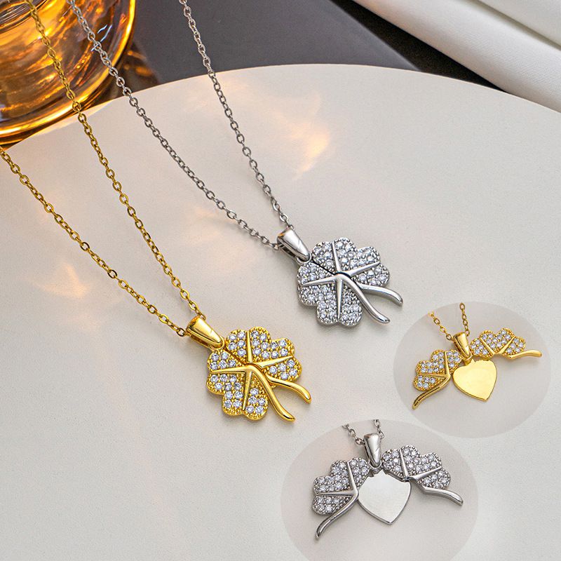Fashion Silver Titanium Steel Diamond Clover Necklace