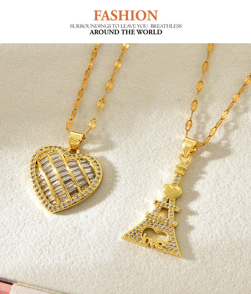 Fashion Golden 2 Titanium Steel Inlaid Zircon Love Pendant Necklace