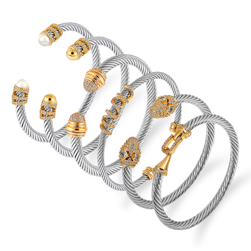 Fashion Style-10 Steel Colors Stainless Steel Diamond Threaded Open Bracelet