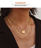 Fashion Gold Titanium Steel Square Flower Pendant Necklace