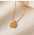 Fashion Gold Titanium Steel Square Flower Pendant Necklace