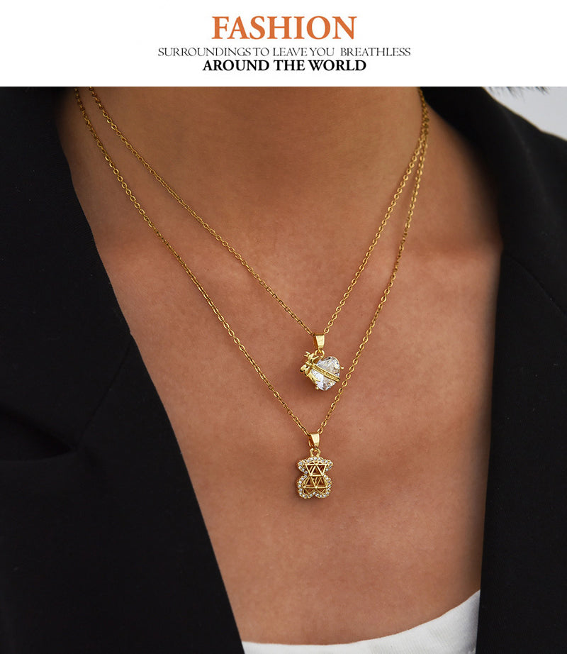 Fashion Gold Titanium Steel Inlaid With Zirconium Hollow Bear Pendant Necklace