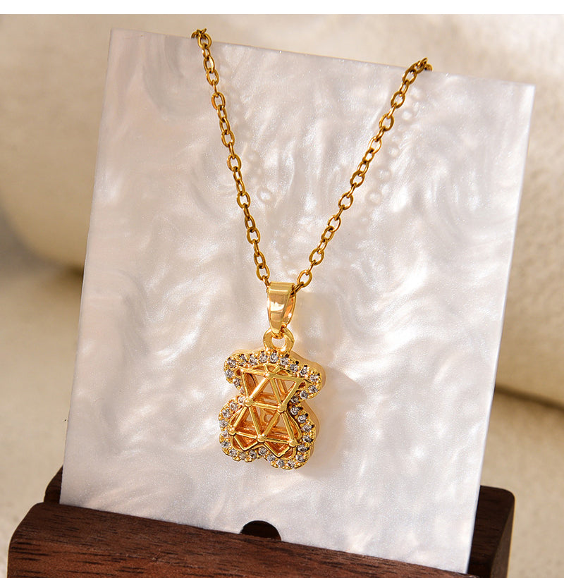 Fashion Gold Titanium Steel Inlaid With Zirconium Hollow Bear Pendant Necklace