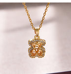 Fashion Gold Titanium Steel Inlaid With Zirconium Hollow Bear Pendant Necklace