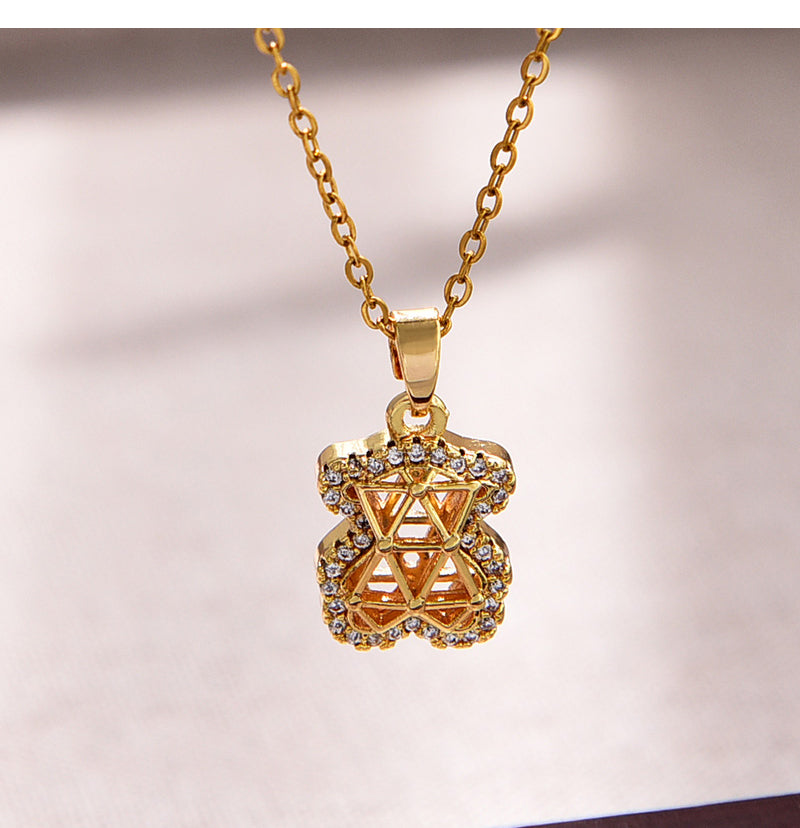 Fashion Gold Titanium Steel Inlaid With Zirconium Hollow Bear Pendant Necklace