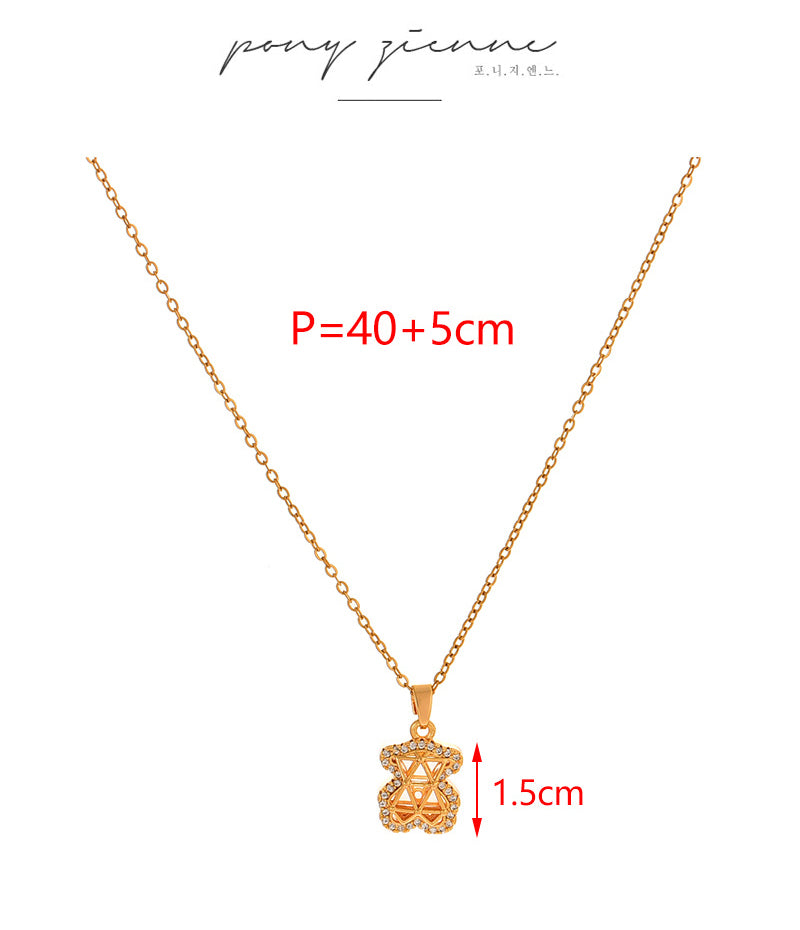 Fashion Gold Titanium Steel Inlaid With Zirconium Hollow Bear Pendant Necklace