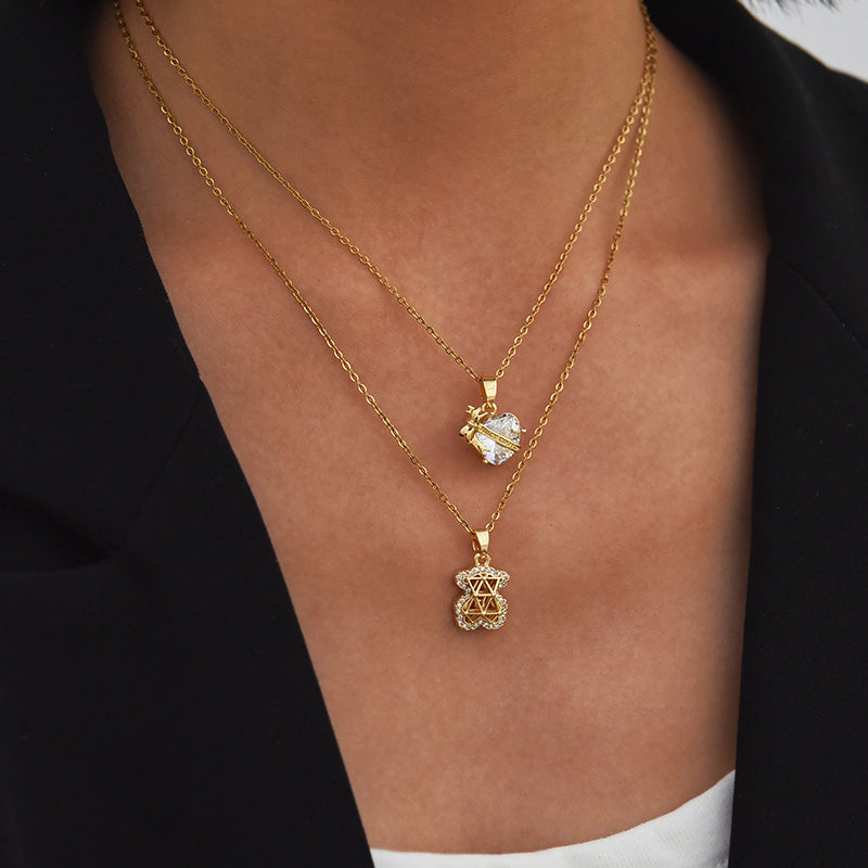 Fashion Gold Titanium Steel Inlaid With Zirconium Hollow Bear Pendant Necklace