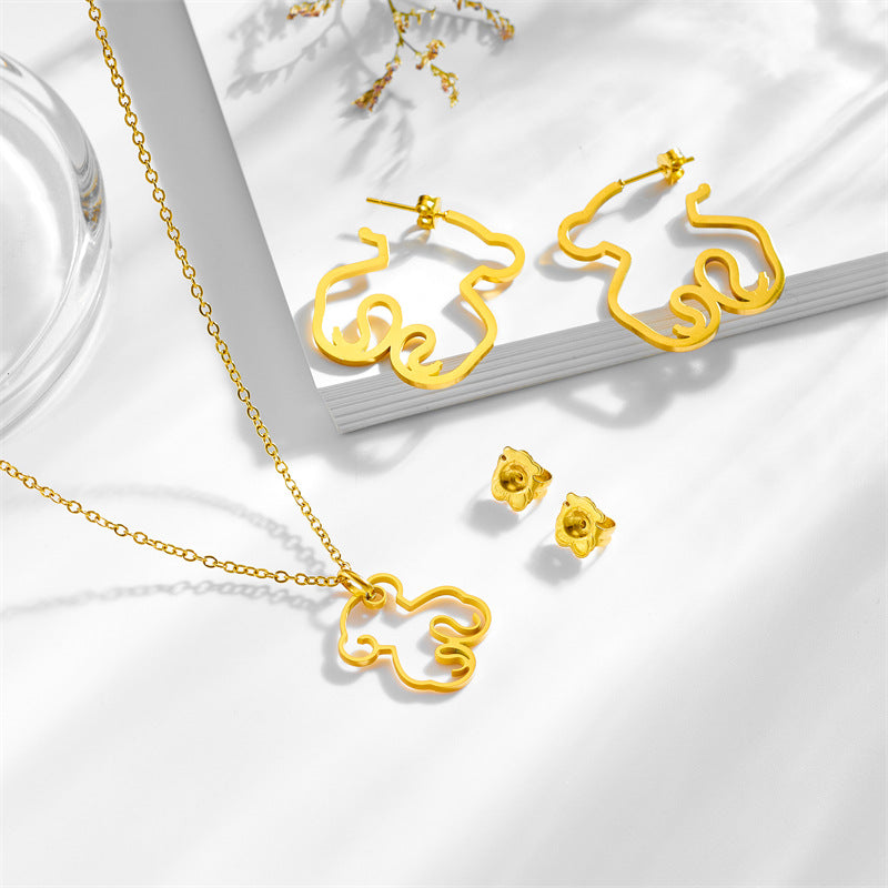Fashion Steel Color Suit Stainless Steel Hollow Bear Necklace Earring Set