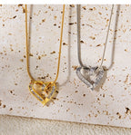 Fashion Silver Titanium Steel Inlaid Zirconium Heart Pendant Necklace