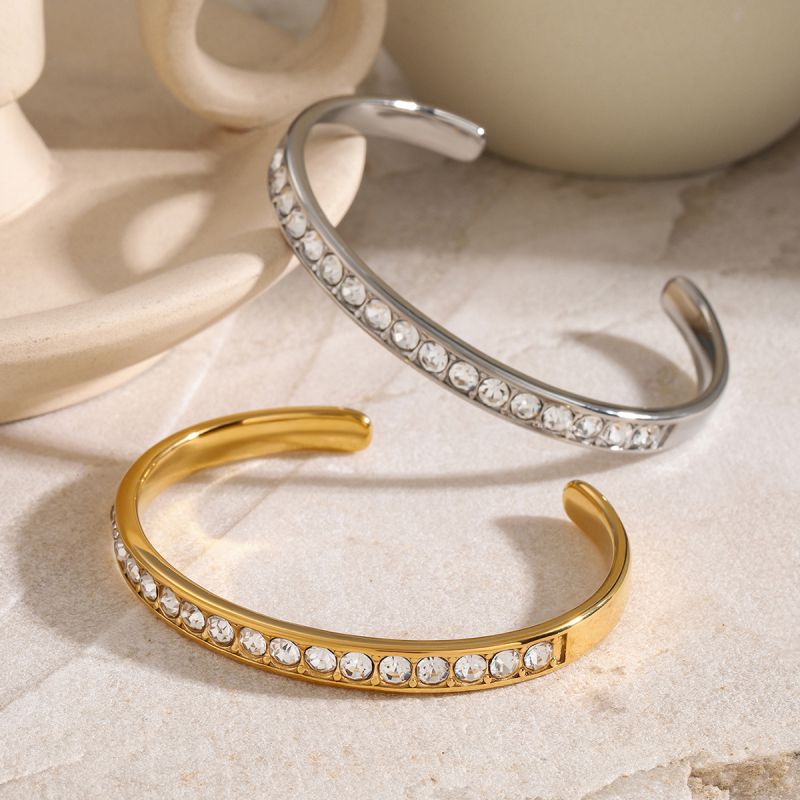 Fashion Silver Stainless Steel Geometric Cuff Bracelet With Diamonds