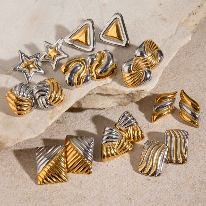 Gold And Silver 6 Stainless Steel Contrast Geometric Texture Earrings