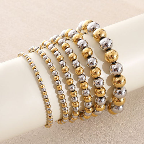 10mm Two-tone Gold And Steel Stainless Steel Beaded Bracelet For Women 18cm Stainless Steel Colorblock Beaded Bracelet