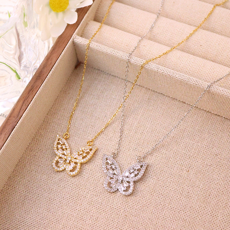 Silver Titanium Steel Diamond Butterfly Necklace