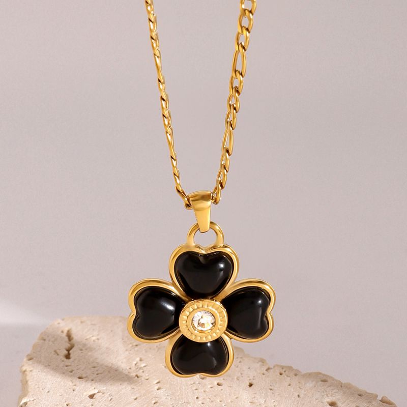 Gold Stainless Steel Four Leaf Clover Agate Necklace