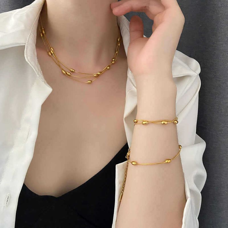 Gold Bracelet Titanium Steel Oval Bead Double Bracelet