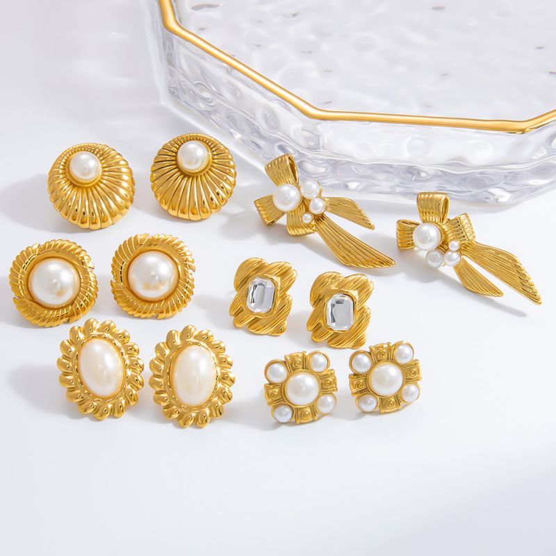 Earrings 3 Stainless Steel Pearl Geometric Earrings