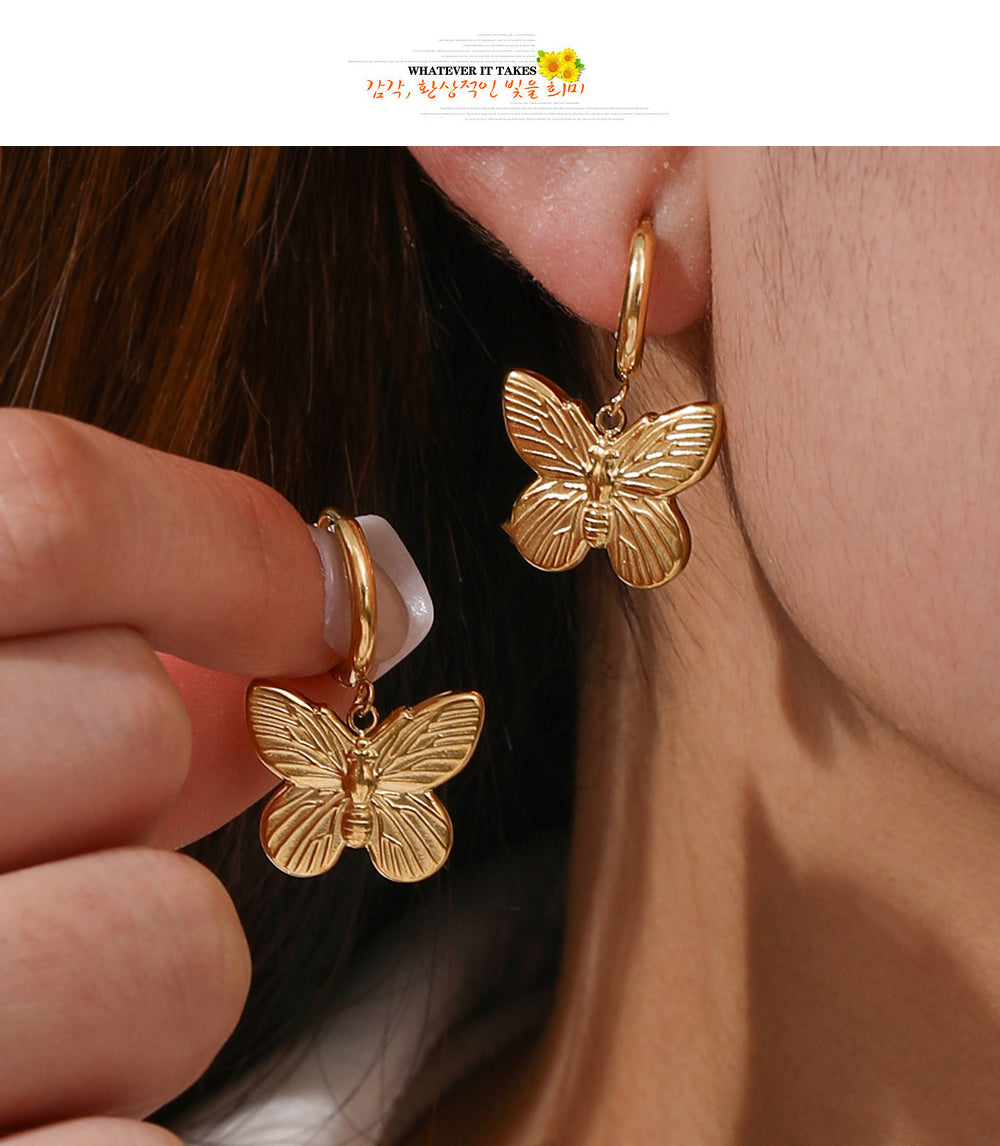 Gold 3 Titanium Steel Butterfly Hoop Earrings