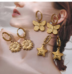 Gold 2 Titanium Steel Flower Hoop Earrings