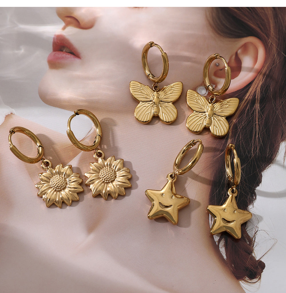 Gold 3 Titanium Steel Butterfly Hoop Earrings