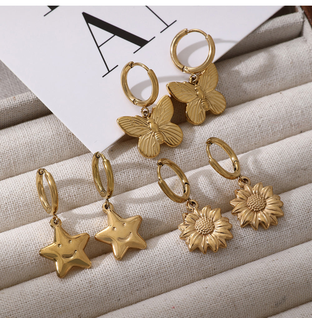 Gold 3 Titanium Steel Butterfly Hoop Earrings