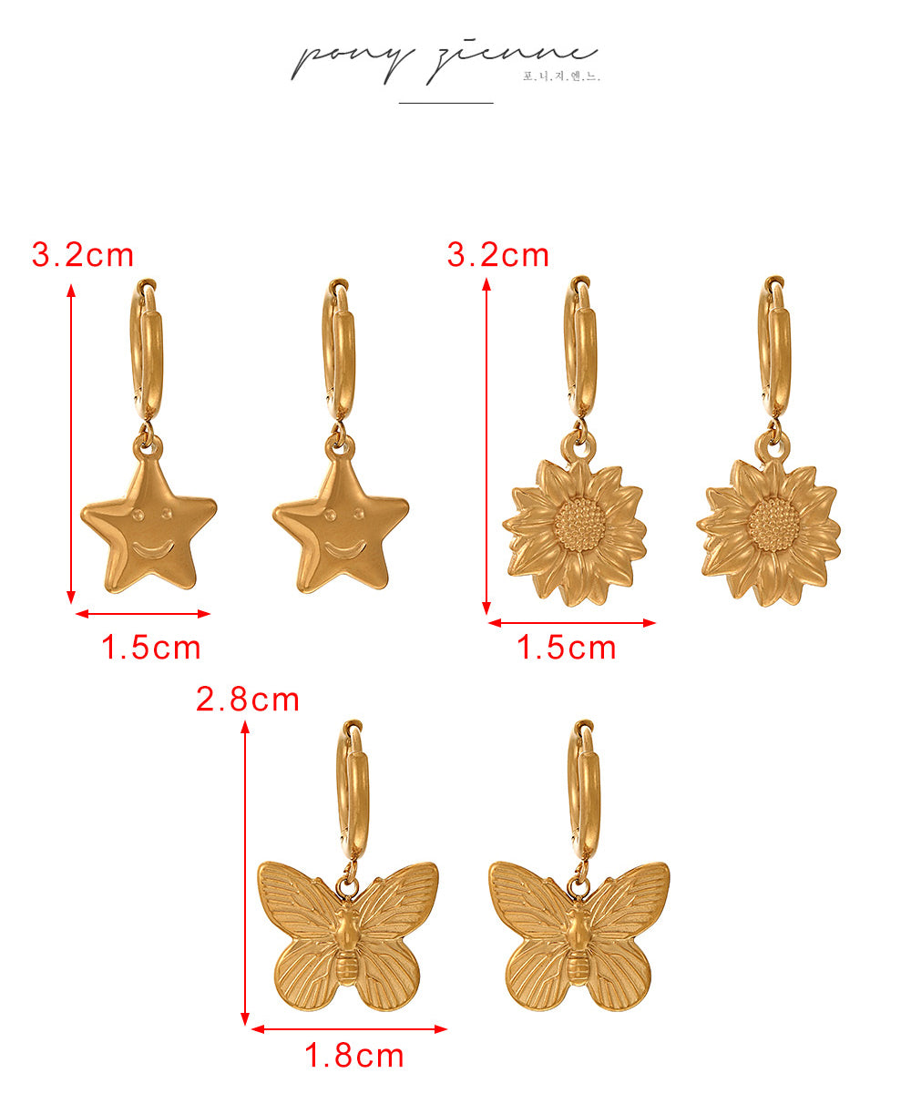 Gold 2 Titanium Steel Flower Hoop Earrings