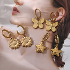 Gold 2 Titanium Steel Flower Hoop Earrings