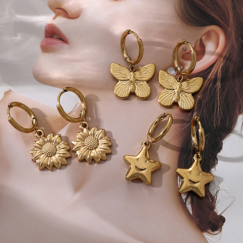 Gold 3 Titanium Steel Butterfly Hoop Earrings