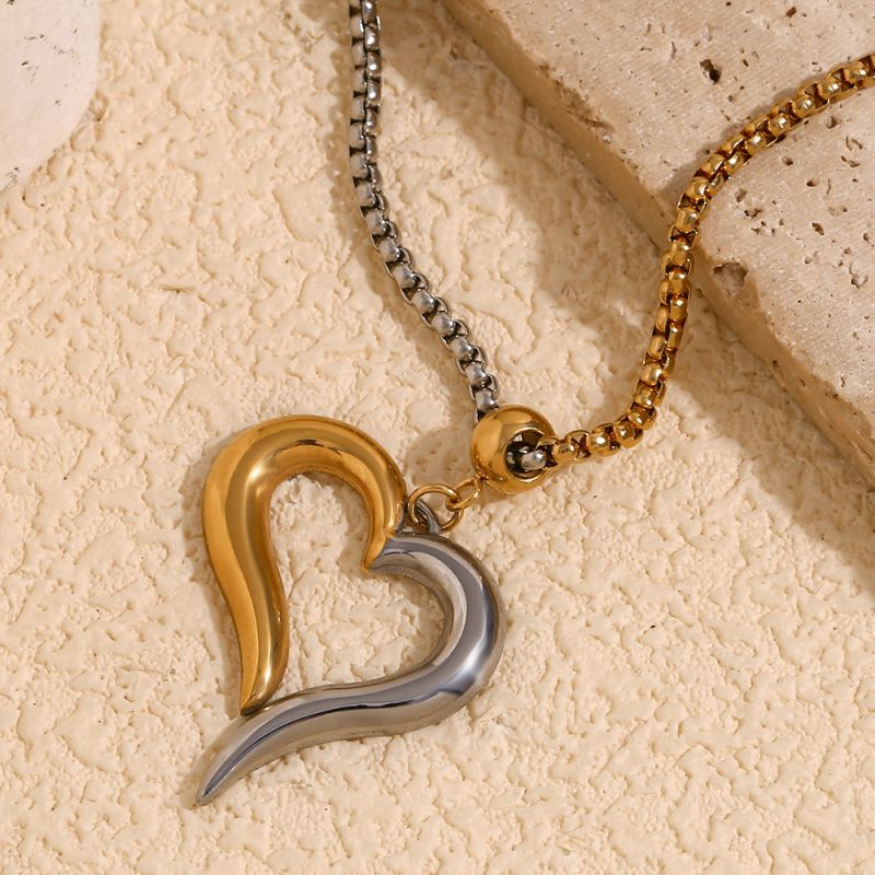 Oblique Heart Pendant Square Pearl Chain Necklace - Two Colors Stainless Steel Colorblock Heart Necklace