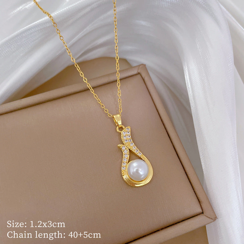 Gold 74 Titanium Steel Diamond Pearl Geometric Necklace