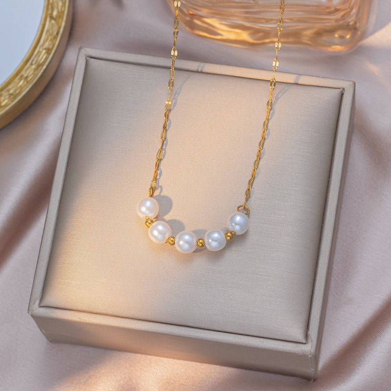 Smiling Pearl Necklace Gold Stainless Steel Pearl Beaded Necklace