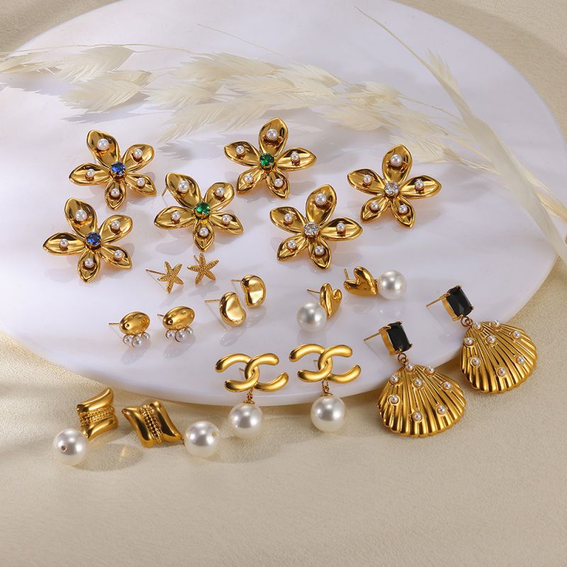 Earring 1# Stainless Steel Pearl Flower Earrings