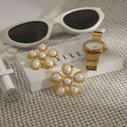 Gold Stainless Steel Pearl Flower Earrings