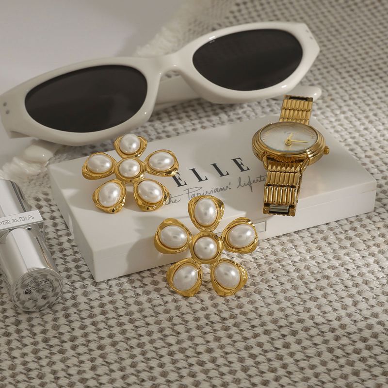 Gold Stainless Steel Pearl Flower Earrings
