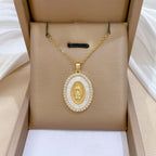 Gold Stainless Steel Diamond Portrait Oval Necklace