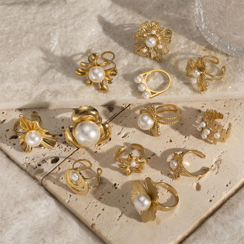 Ring 2 Stainless Steel Pearl Flower Irregular Ring