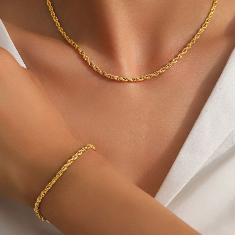 Silver Stainless Steel Twist Necklace Bracelet Set