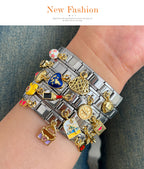 Silver 2 Titanium Steel Inlaid Zirconium Oil Drop Globe World Series Square Module Bracelet