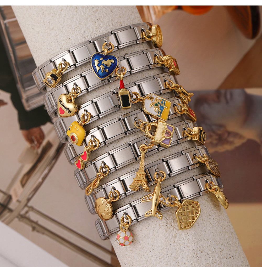 Silver 2 Titanium Steel Inlaid Zirconium Oil Drop Globe World Series Square Module Bracelet
