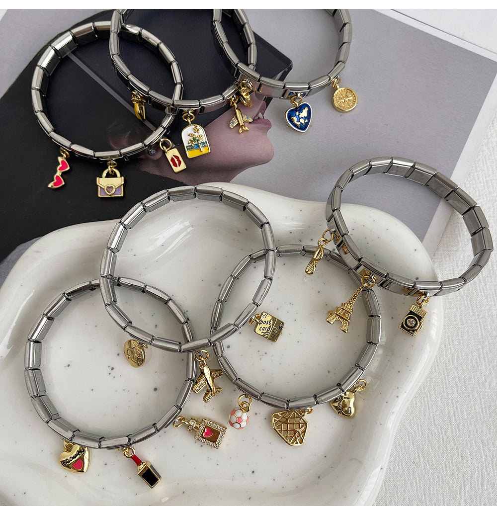Silver 4 Titanium Steel Inlaid Zirconium Oil Drop Globe World Series Square Module Bracelet