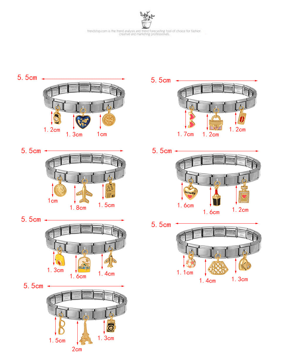 Silver 2 Titanium Steel Inlaid Zirconium Oil Drop Globe World Series Square Module Bracelet