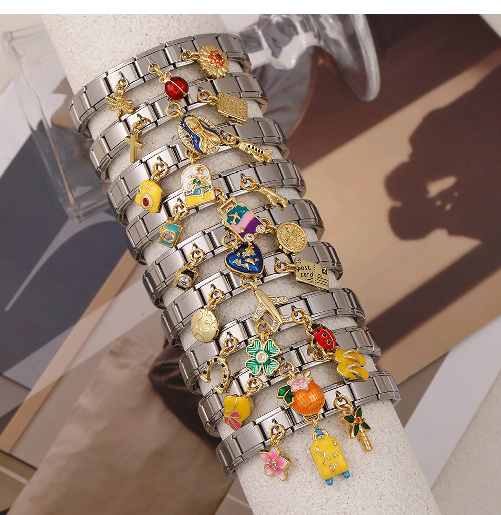 Silver 3 Zirconium-inlaid Oil-drop Travel Square Module Bracelet